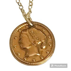 Vintage French Italian Coin Charm Necklace Gold Plated Wire France Italy Lady